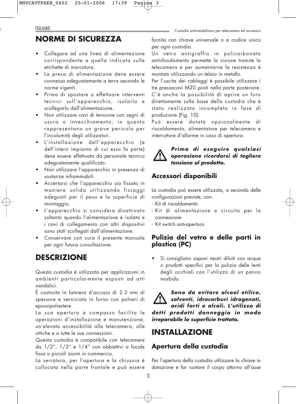 Norme di sicurezza, Descrizione, Installazione | Videotec AVTPSK User Manual | Page 3 / 20