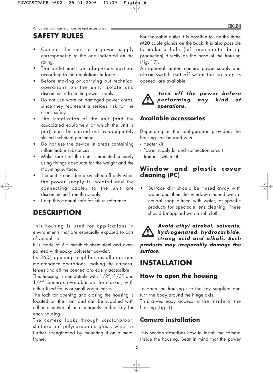 Safety rules, Description, Installation | Videotec AVTPSK User Manual | Page 6 / 20