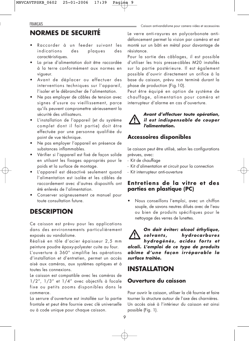 Normes de securité, Description, Installation | Videotec AVTPSK User Manual | Page 9 / 20