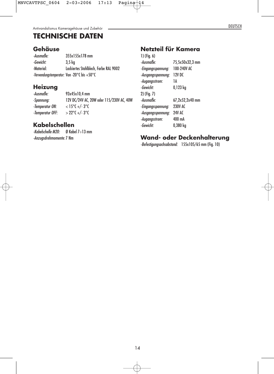 Technische daten | Videotec AVTPSC User Manual | Page 14 / 20