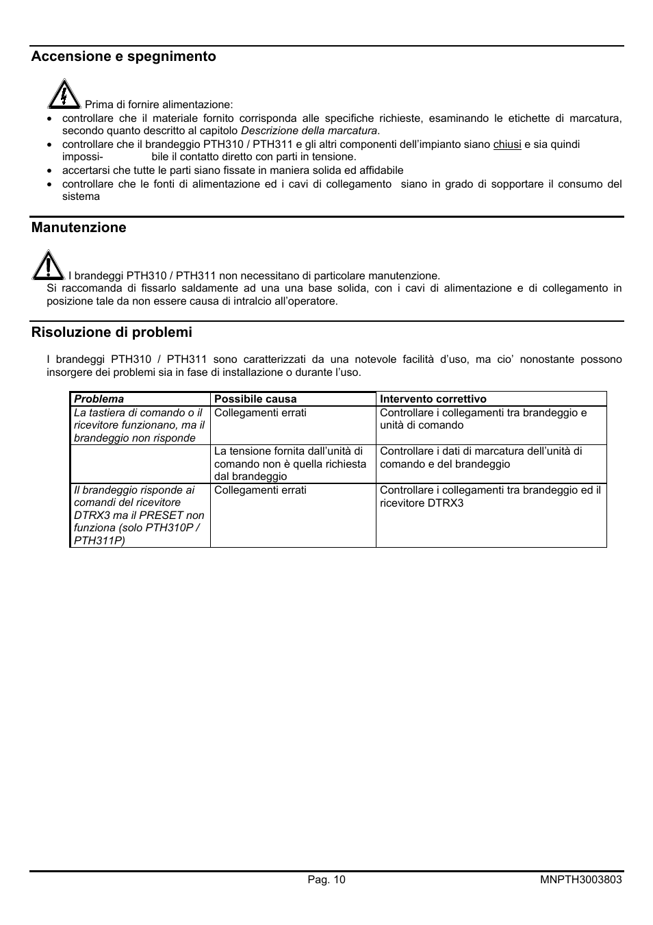 Accensione e spegnimento, Manutenzione, Risoluzione di problemi | Videotec PTH300 User Manual | Page 14 / 60