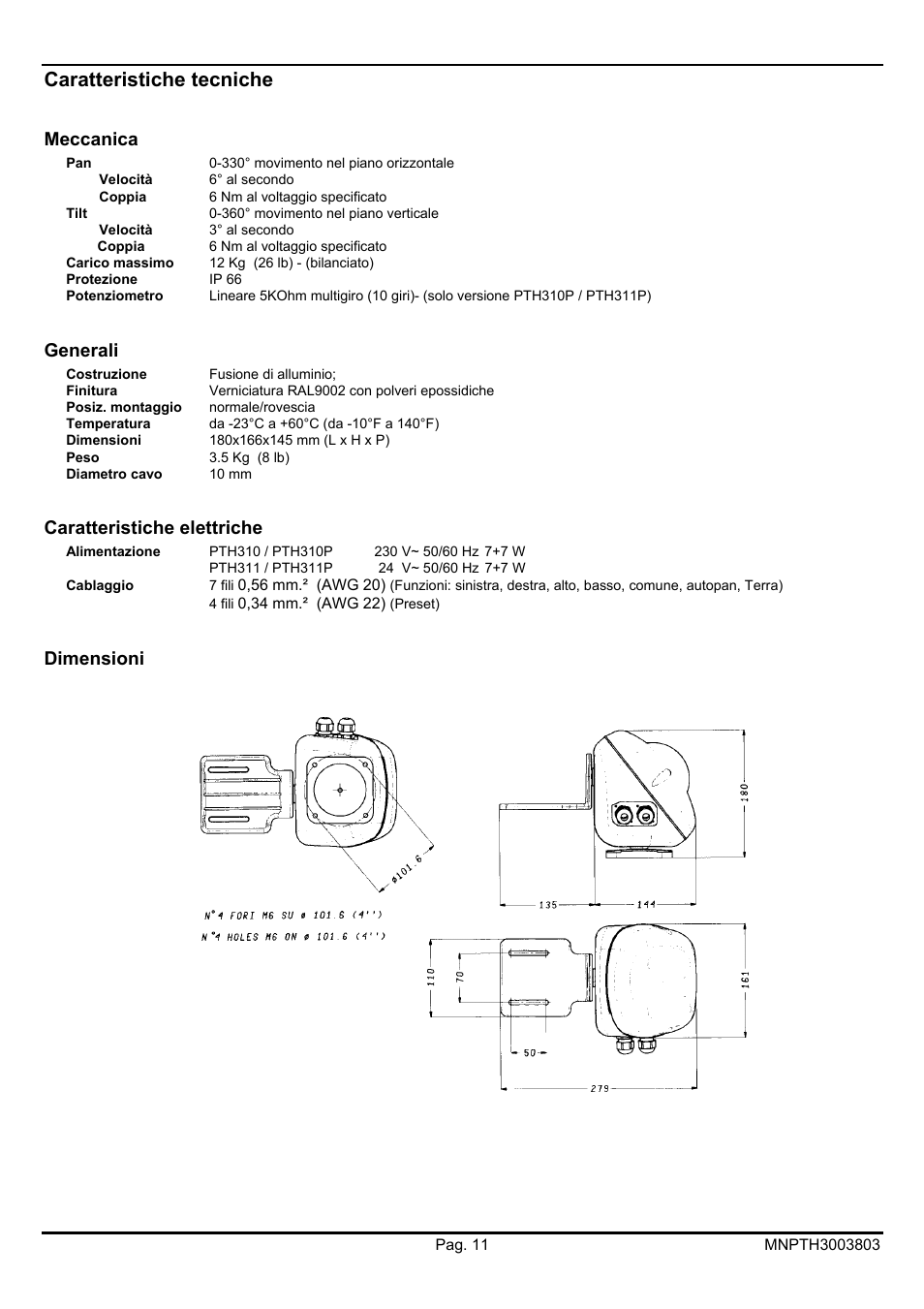 Caratteristiche tecniche, Meccanica, Generali | Caratteristiche elettriche, Dimensioni | Videotec PTH300 User Manual | Page 15 / 60