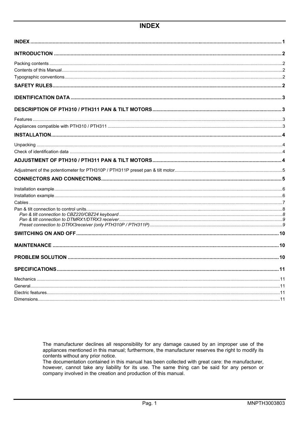 Index | Videotec PTH300 User Manual | Page 19 / 60