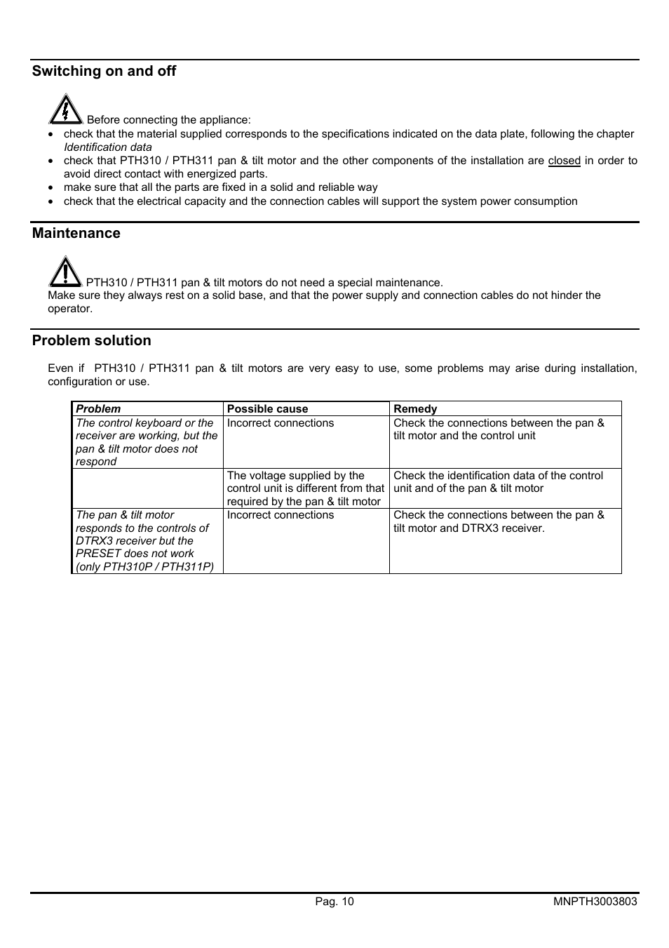 Switching on and off, Maintenance, Problem solution | Videotec PTH300 User Manual | Page 28 / 60