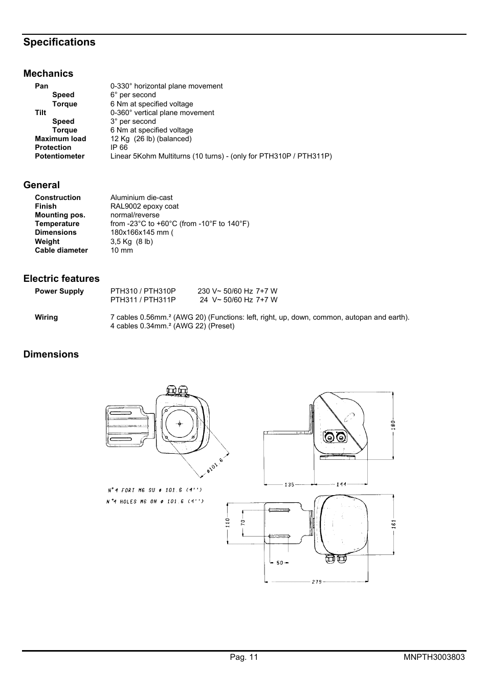 Specifications, Mechanics, General | Electric features, Dimensions | Videotec PTH300 User Manual | Page 29 / 60