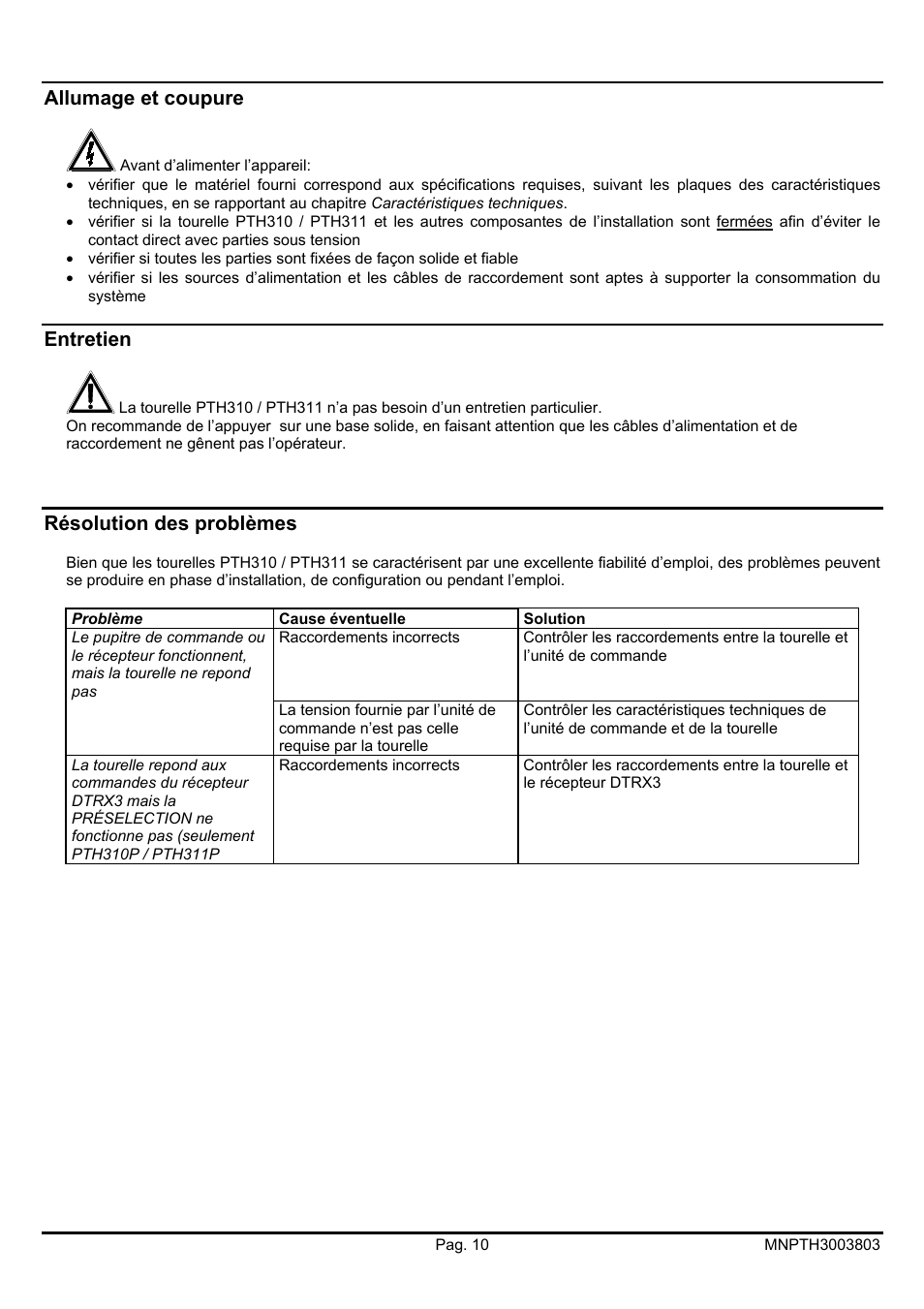 Allumage et coupure, Entretien, Résolution des problèmes | Videotec PTH300 User Manual | Page 42 / 60