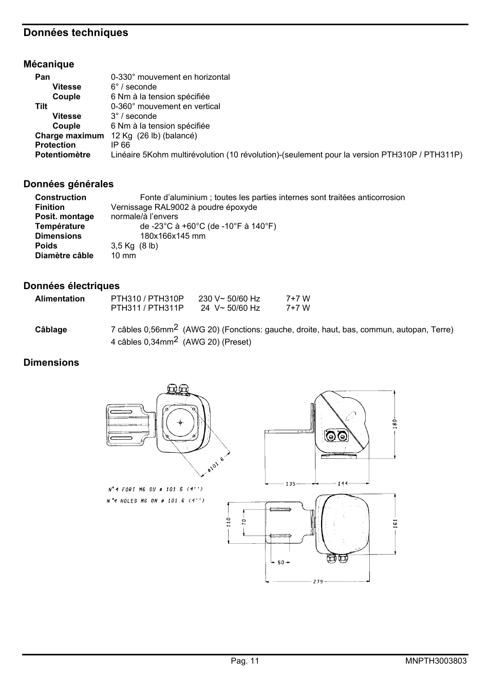 Données techniques | Videotec PTH300 User Manual | Page 43 / 60