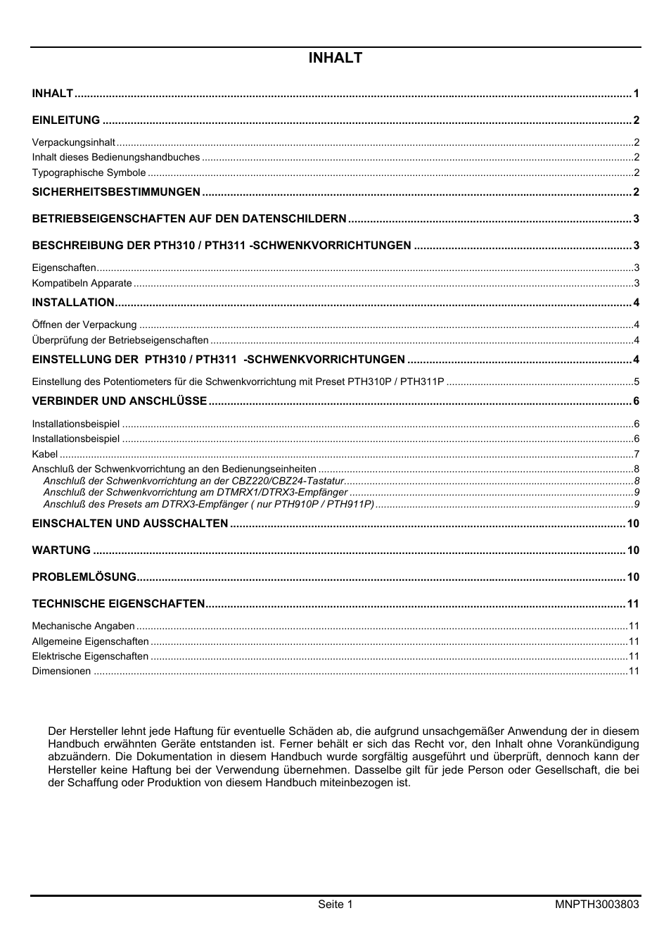 Inhalt | Videotec PTH300 User Manual | Page 47 / 60