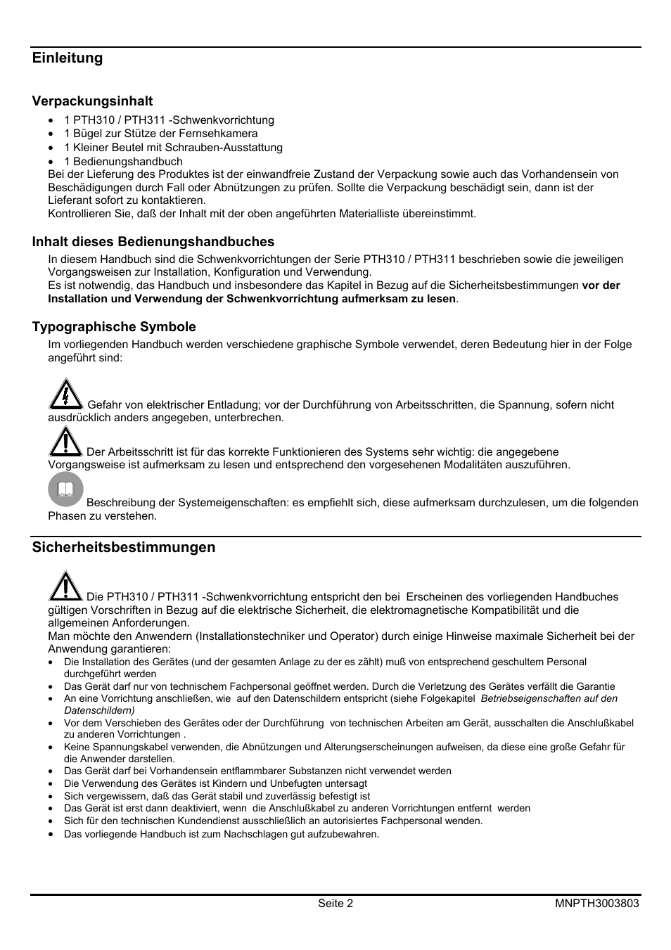 Einleitung, Sicherheitsbestimmungen | Videotec PTH300 User Manual | Page 48 / 60