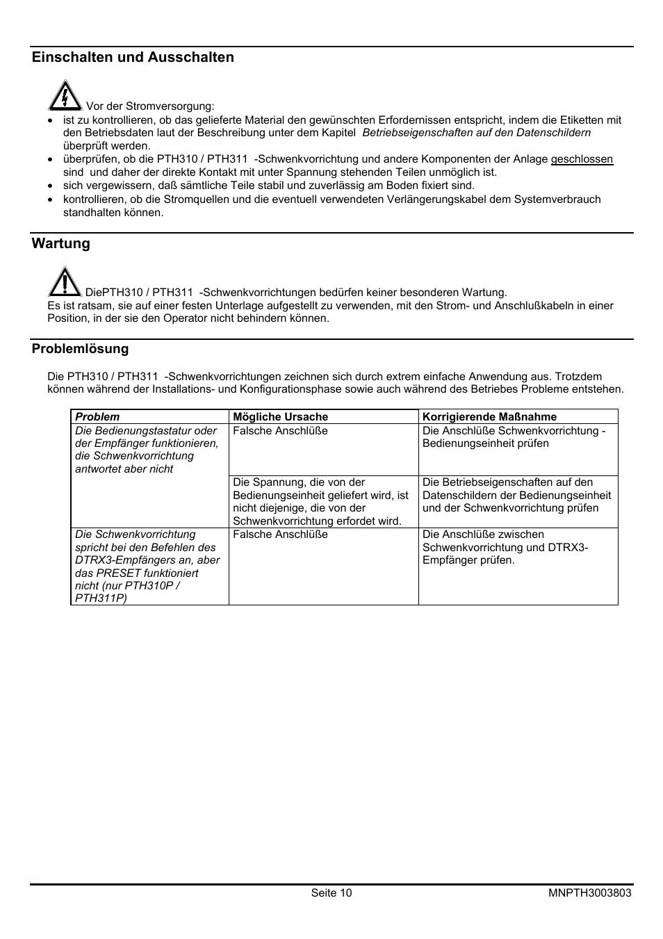 Einschalten und ausschalten, Wartung | Videotec PTH300 User Manual | Page 56 / 60