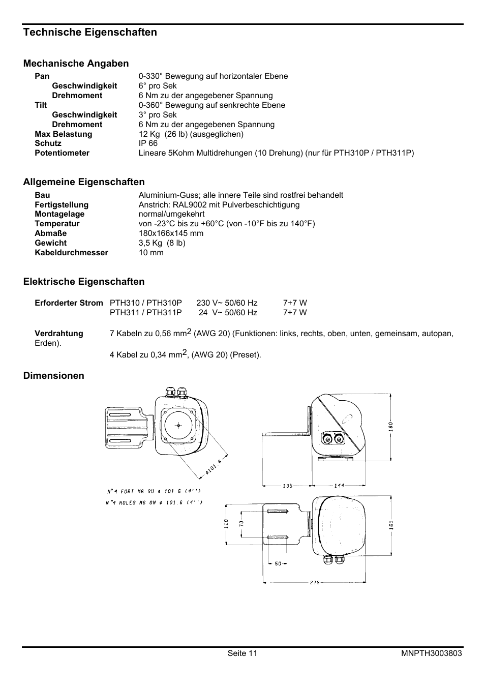 Technische eigenschaften | Videotec PTH300 User Manual | Page 57 / 60