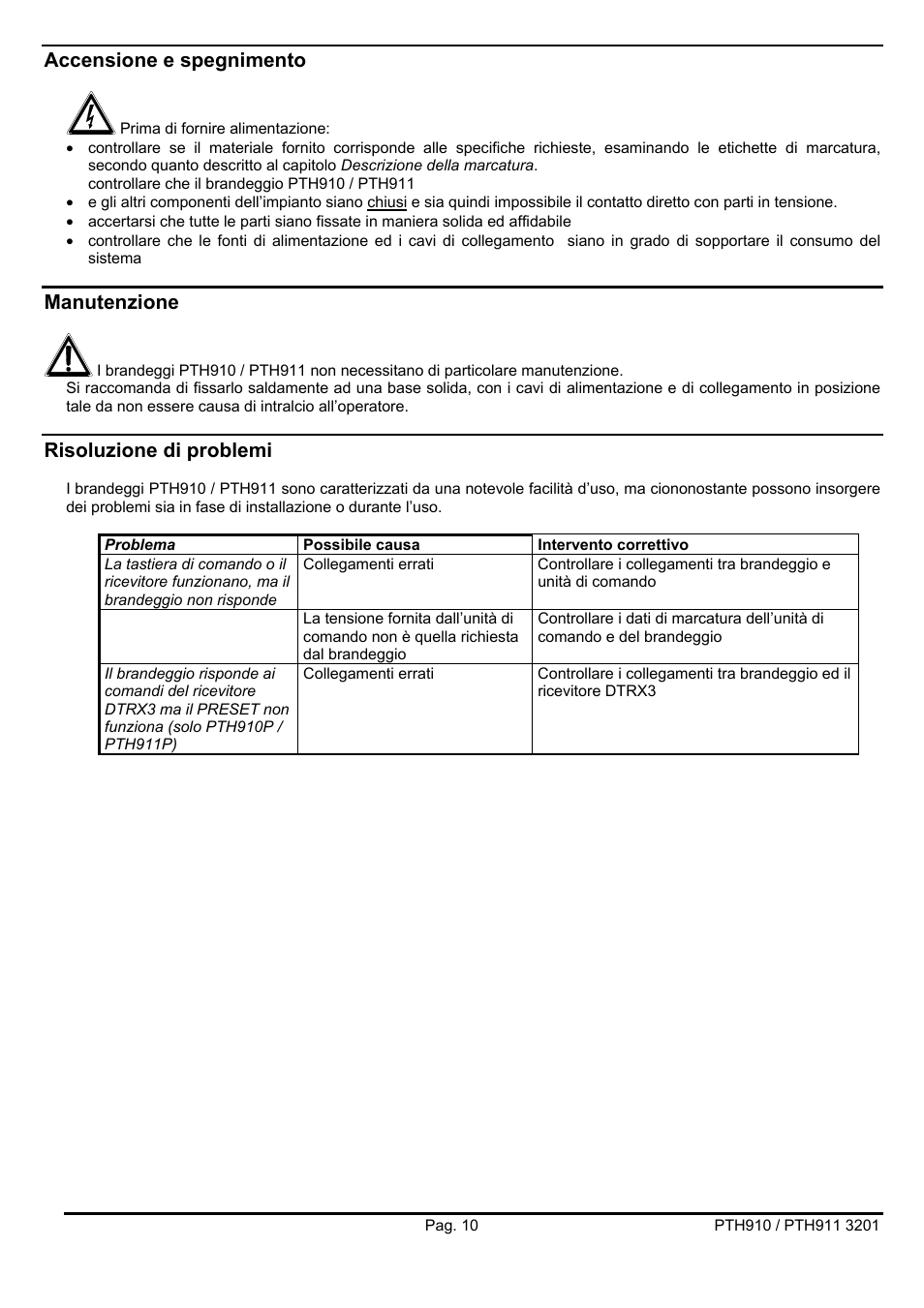 Accensione e spegnimento, Manutenzione, Risoluzione di problemi | Videotec PTH900 User Manual | Page 14 / 60