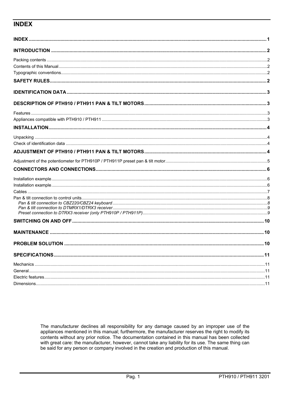 Index | Videotec PTH900 User Manual | Page 19 / 60