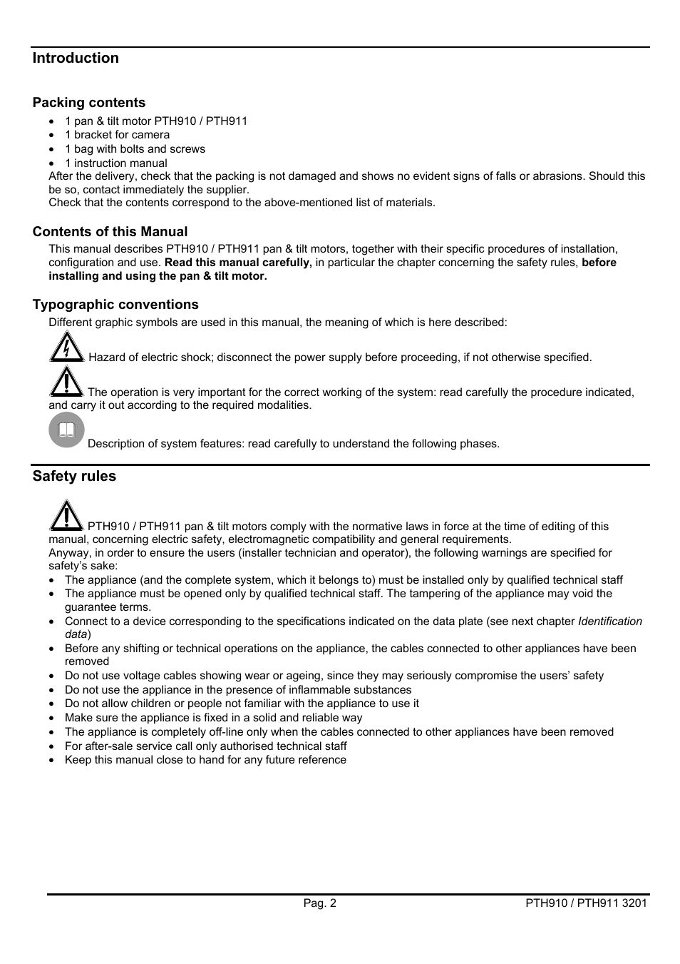 Introduction, Safety rules | Videotec PTH900 User Manual | Page 20 / 60