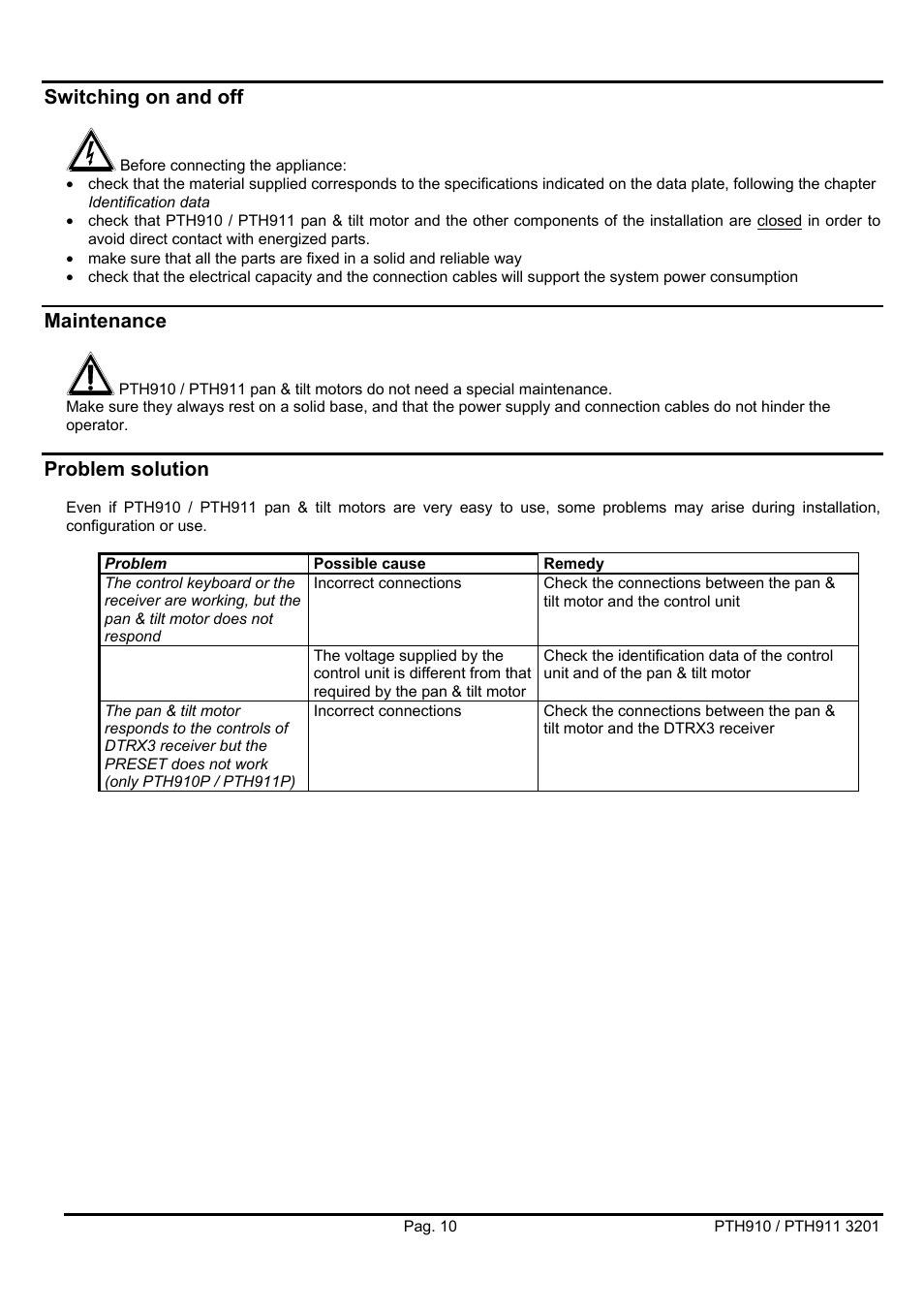 Switching on and off, Maintenance, Problem solution | Videotec PTH900 User Manual | Page 28 / 60