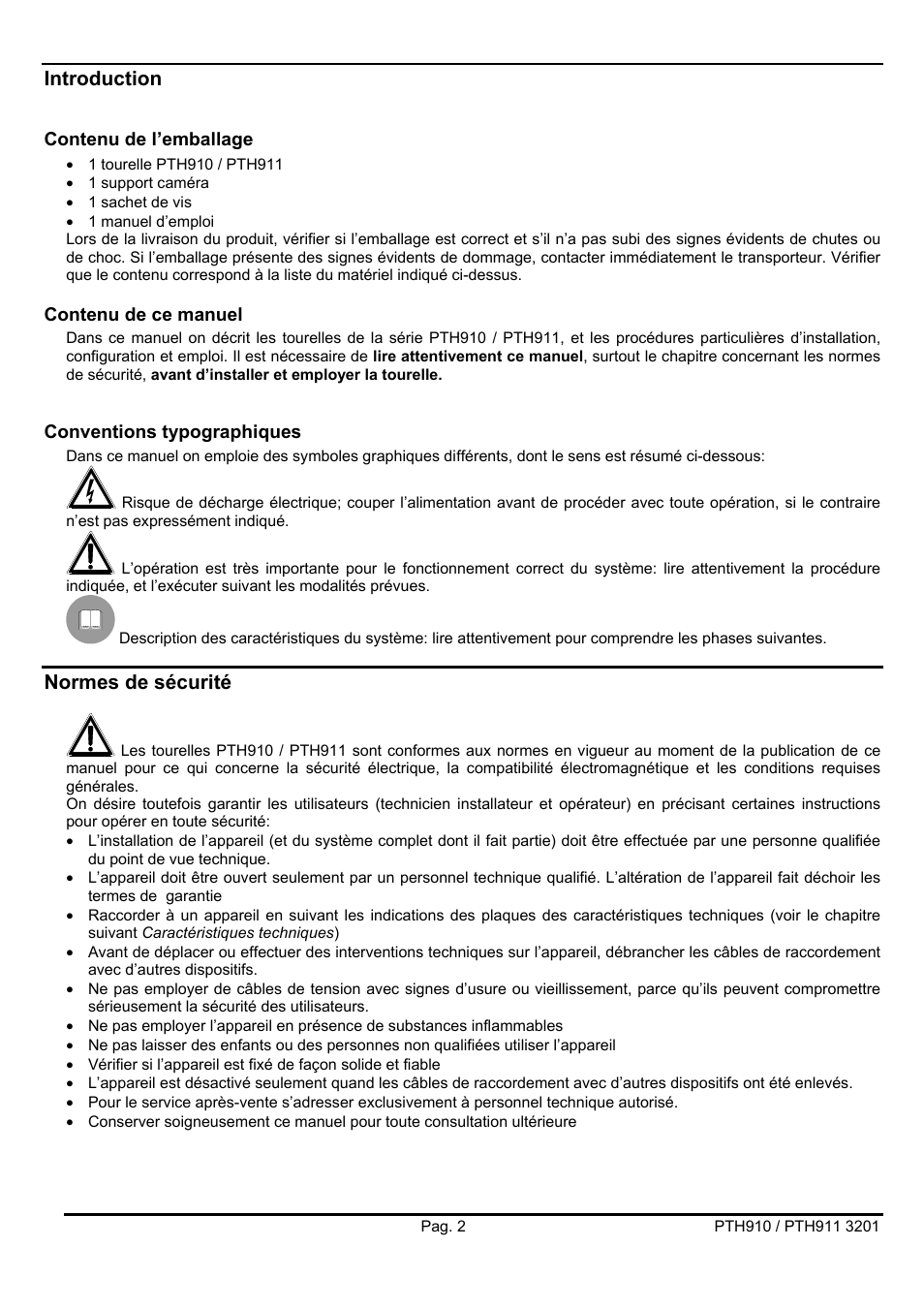 Introduction, Normes de sécurité | Videotec PTH900 User Manual | Page 34 / 60