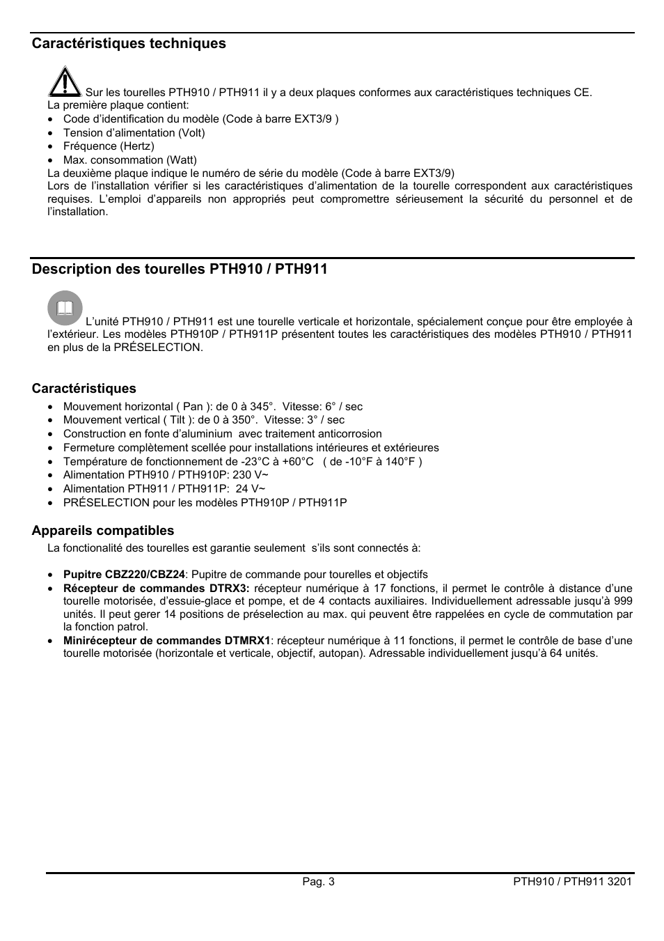 Caractéristiques techniques | Videotec PTH900 User Manual | Page 35 / 60