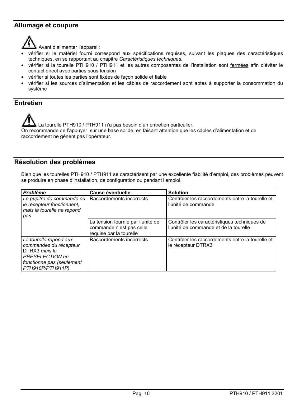 Allumage et coupure, Entretien, Résolution des problèmes | Videotec PTH900 User Manual | Page 42 / 60