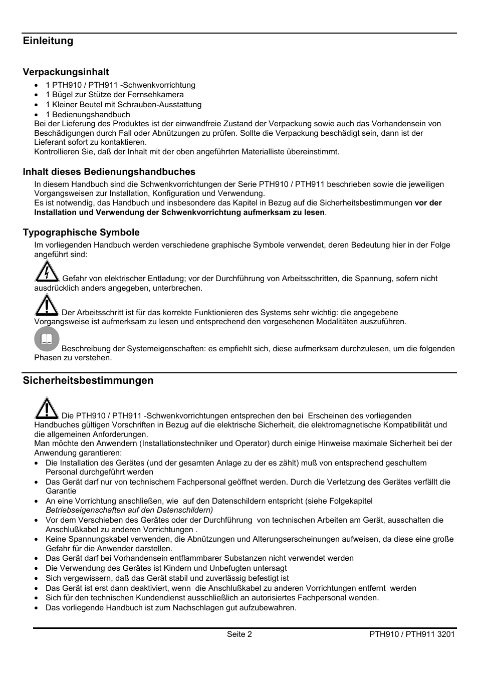 Einleitung, Sicherheitsbestimmungen | Videotec PTH900 User Manual | Page 48 / 60