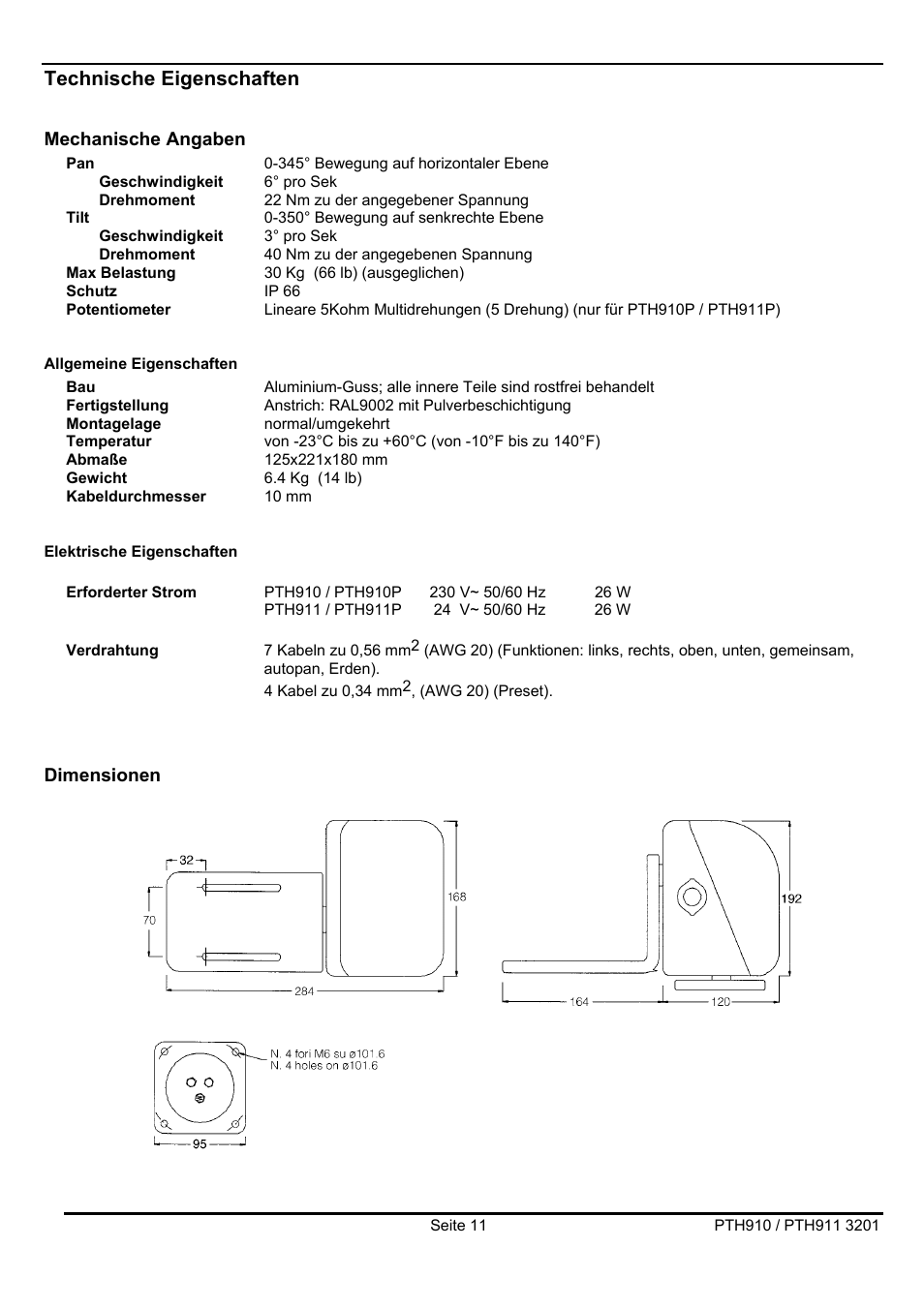 Technische eigenschaften | Videotec PTH900 User Manual | Page 57 / 60