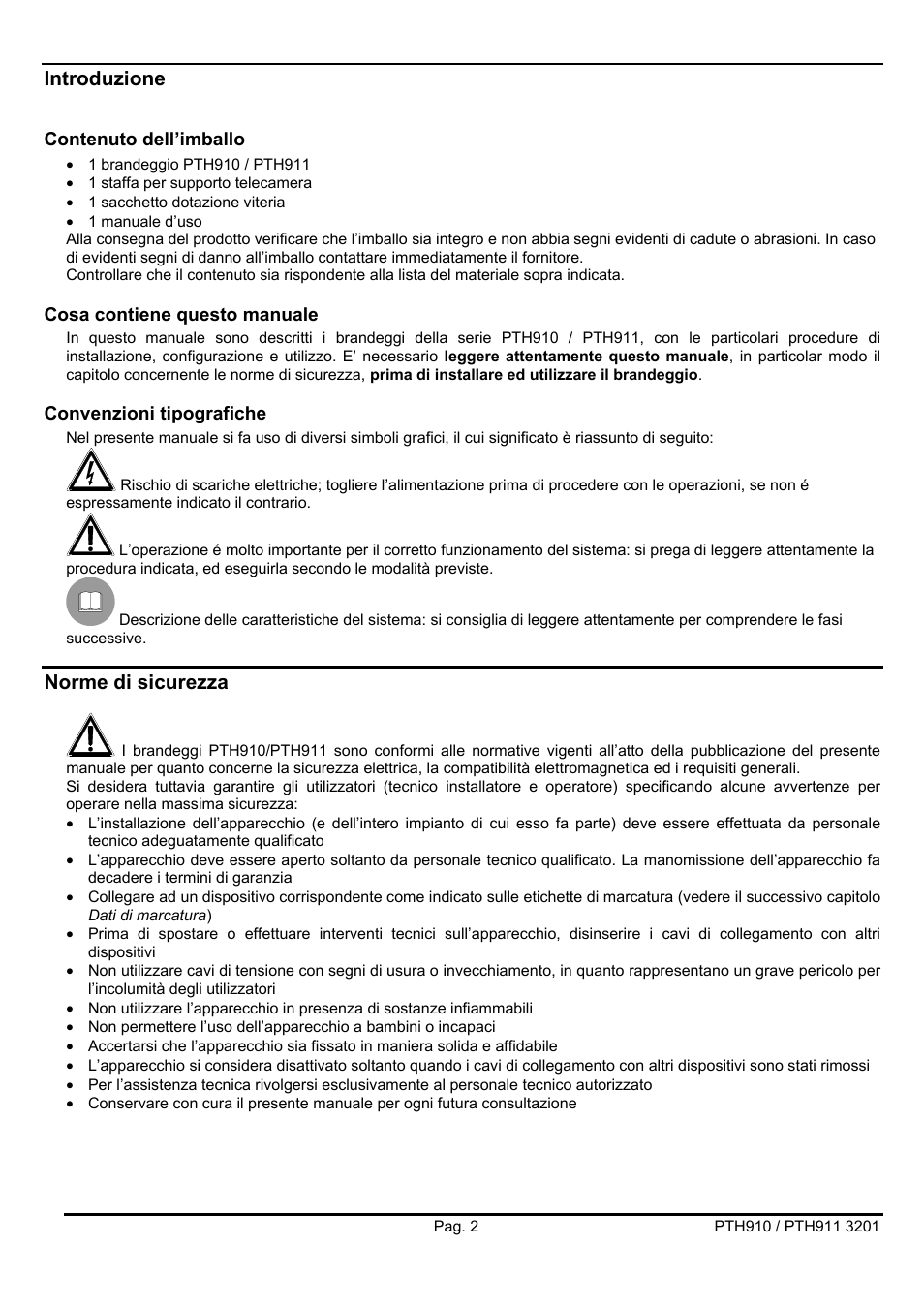 Introduzione, Norme di sicurezza | Videotec PTH900 User Manual | Page 6 / 60