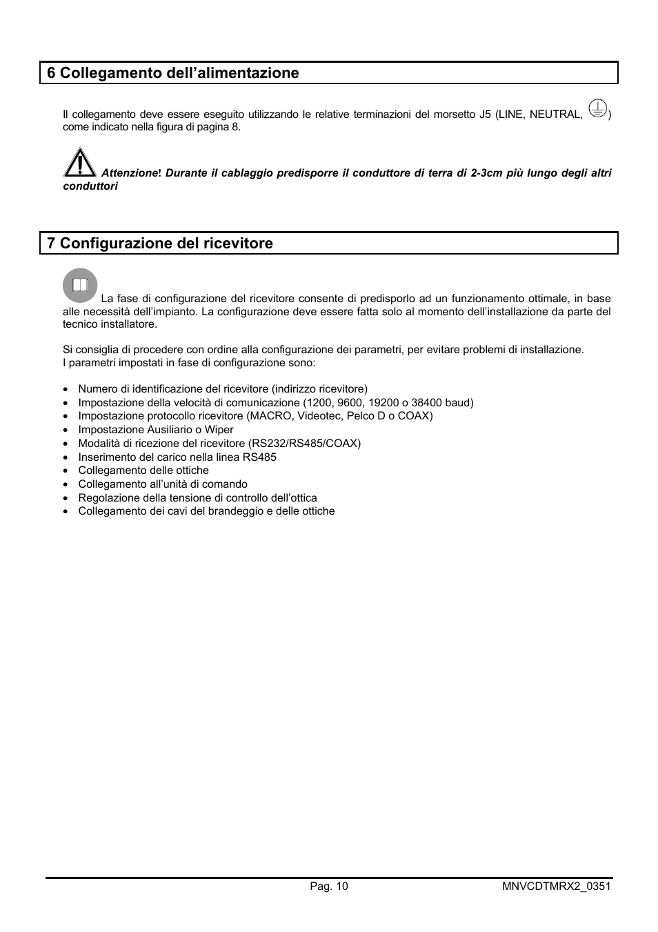 6 collegamento dell’alimentazione, 7 configurazione del ricevitore | Videotec DTMRX2 User Manual | Page 14 / 96