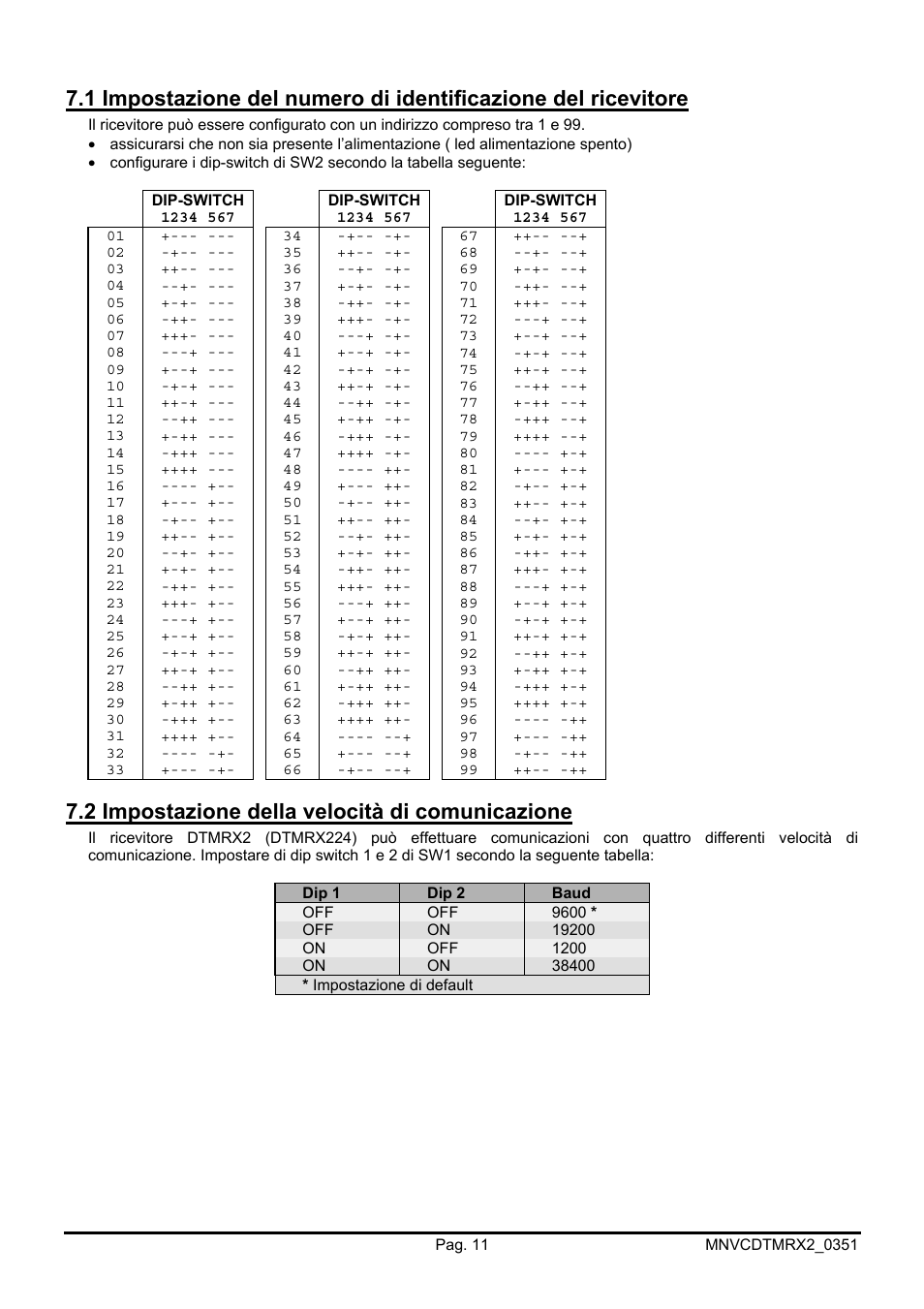 2 impostazione della velocità di comunicazione | Videotec DTMRX2 User Manual | Page 15 / 96