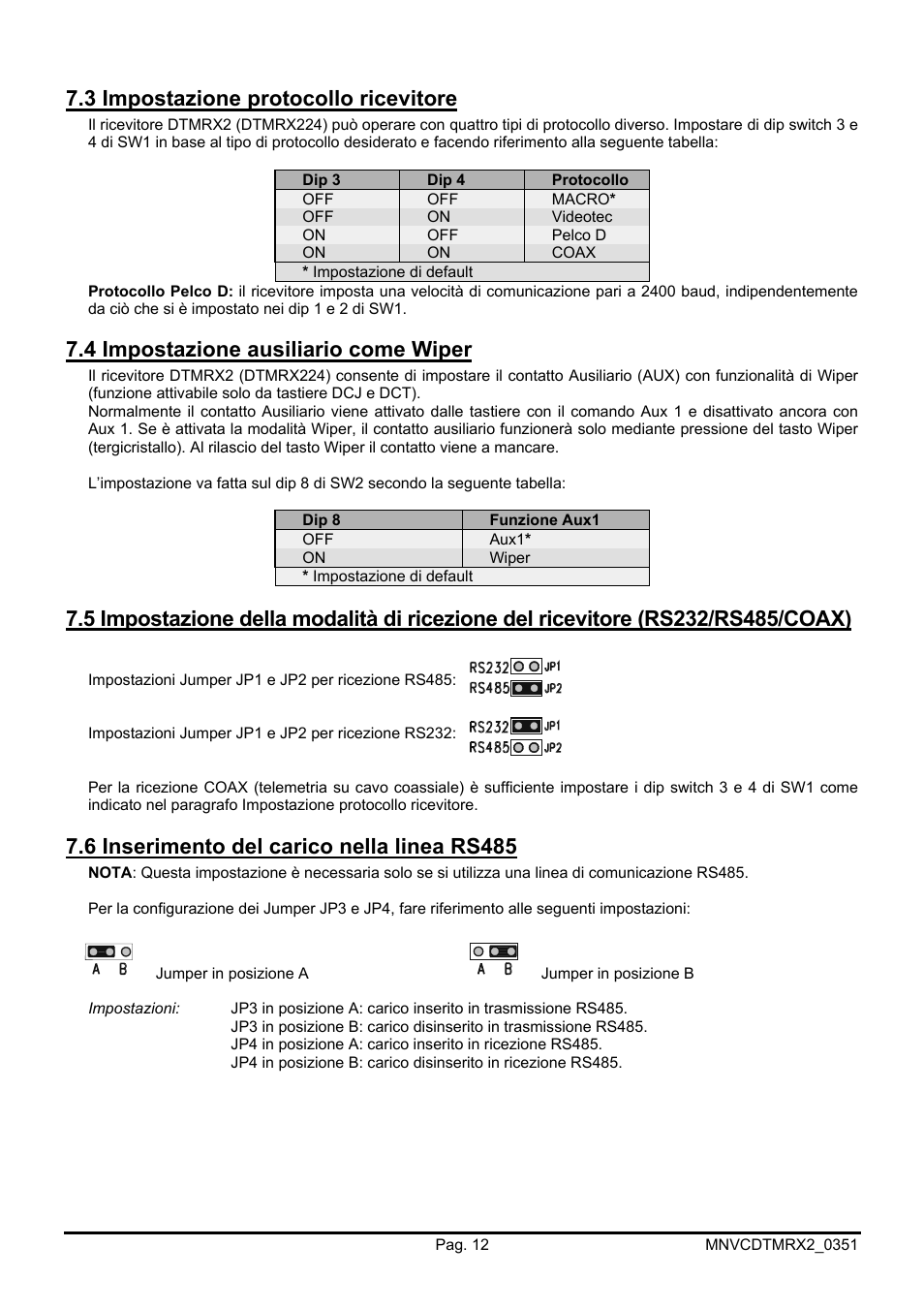 3 impostazione protocollo ricevitore, 4 impostazione ausiliario come wiper, 6 inserimento del carico nella linea rs485 | Videotec DTMRX2 User Manual | Page 16 / 96