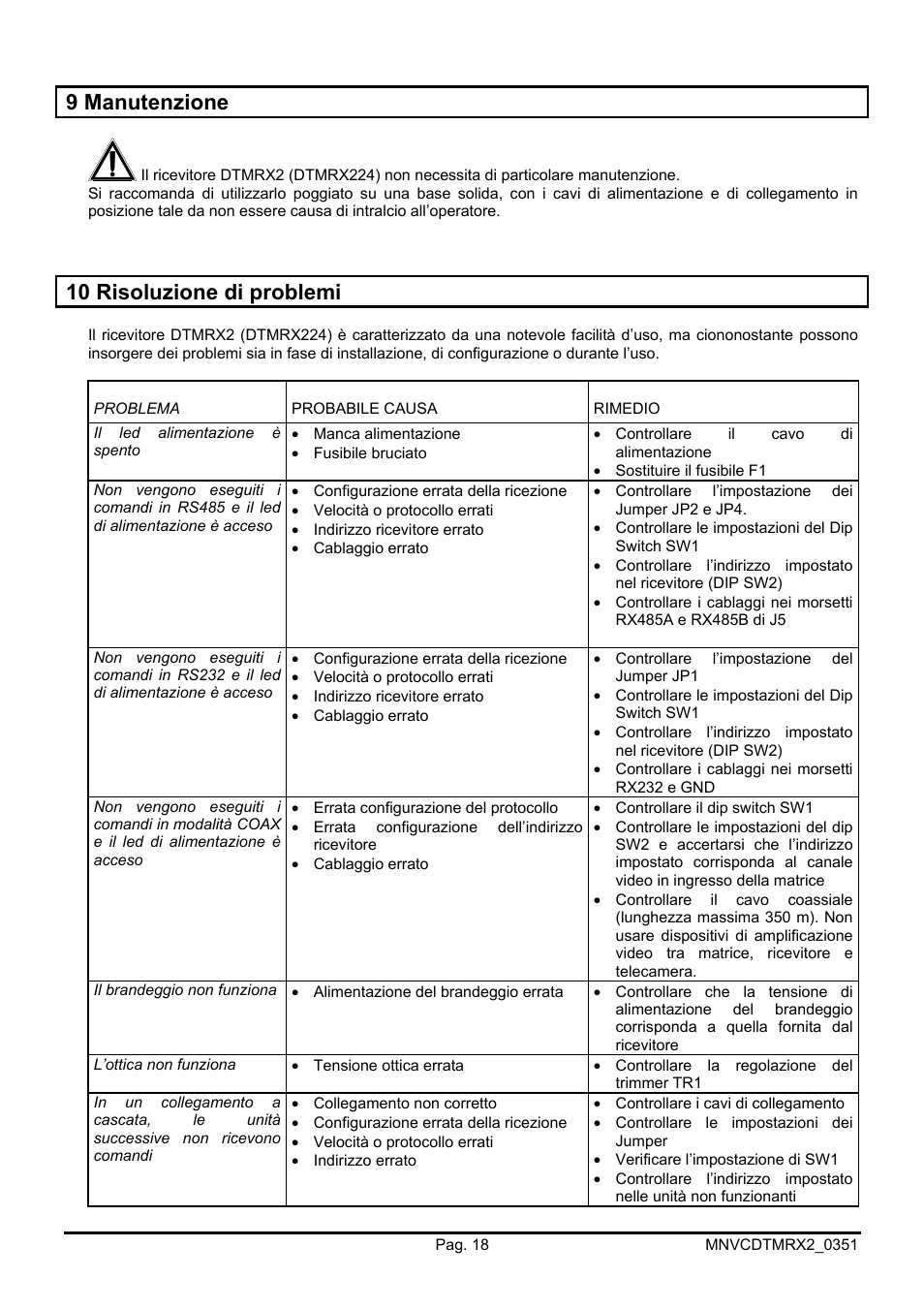 9 manutenzione, 10 risoluzione di problemi | Videotec DTMRX2 User Manual | Page 22 / 96