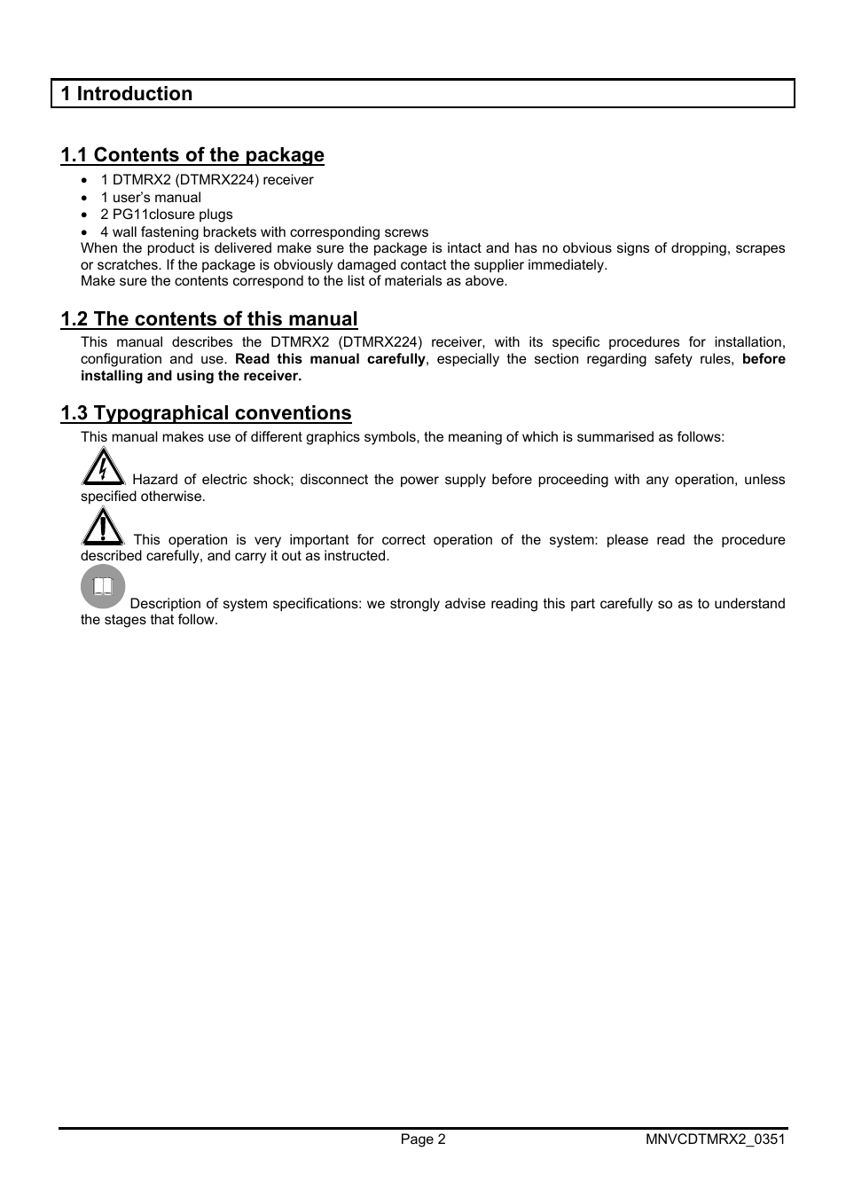 1 introduction 1.1 contents of the package, 2 the contents of this manual, 3 typographical conventions | Videotec DTMRX2 User Manual | Page 28 / 96