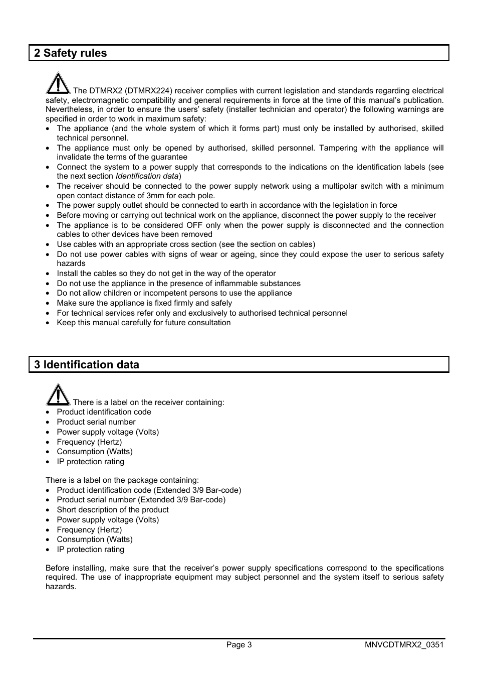 2 safety rules, 3 identification data | Videotec DTMRX2 User Manual | Page 29 / 96