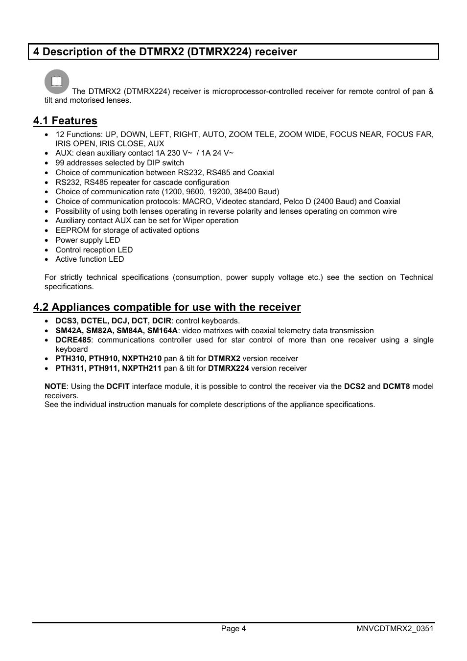 1 features, 2 appliances compatible for use with the receiver | Videotec DTMRX2 User Manual | Page 30 / 96