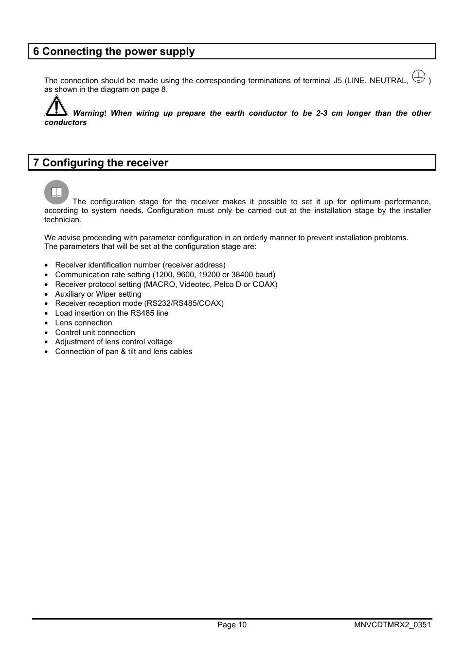 6 connecting the power supply, 7 configuring the receiver | Videotec DTMRX2 User Manual | Page 36 / 96