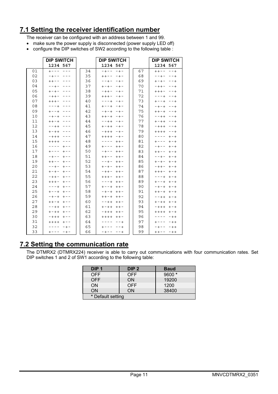 1 setting the receiver identification number, 2 setting the communication rate | Videotec DTMRX2 User Manual | Page 37 / 96