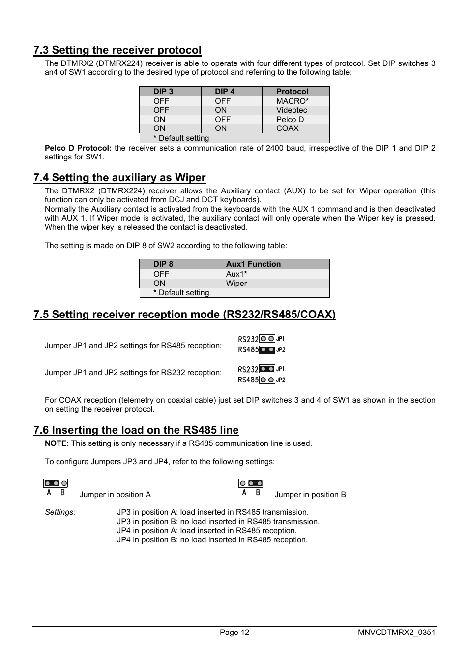 3 setting the receiver protocol, 4 setting the auxiliary as wiper, 6 inserting the load on the rs485 line | Videotec DTMRX2 User Manual | Page 38 / 96