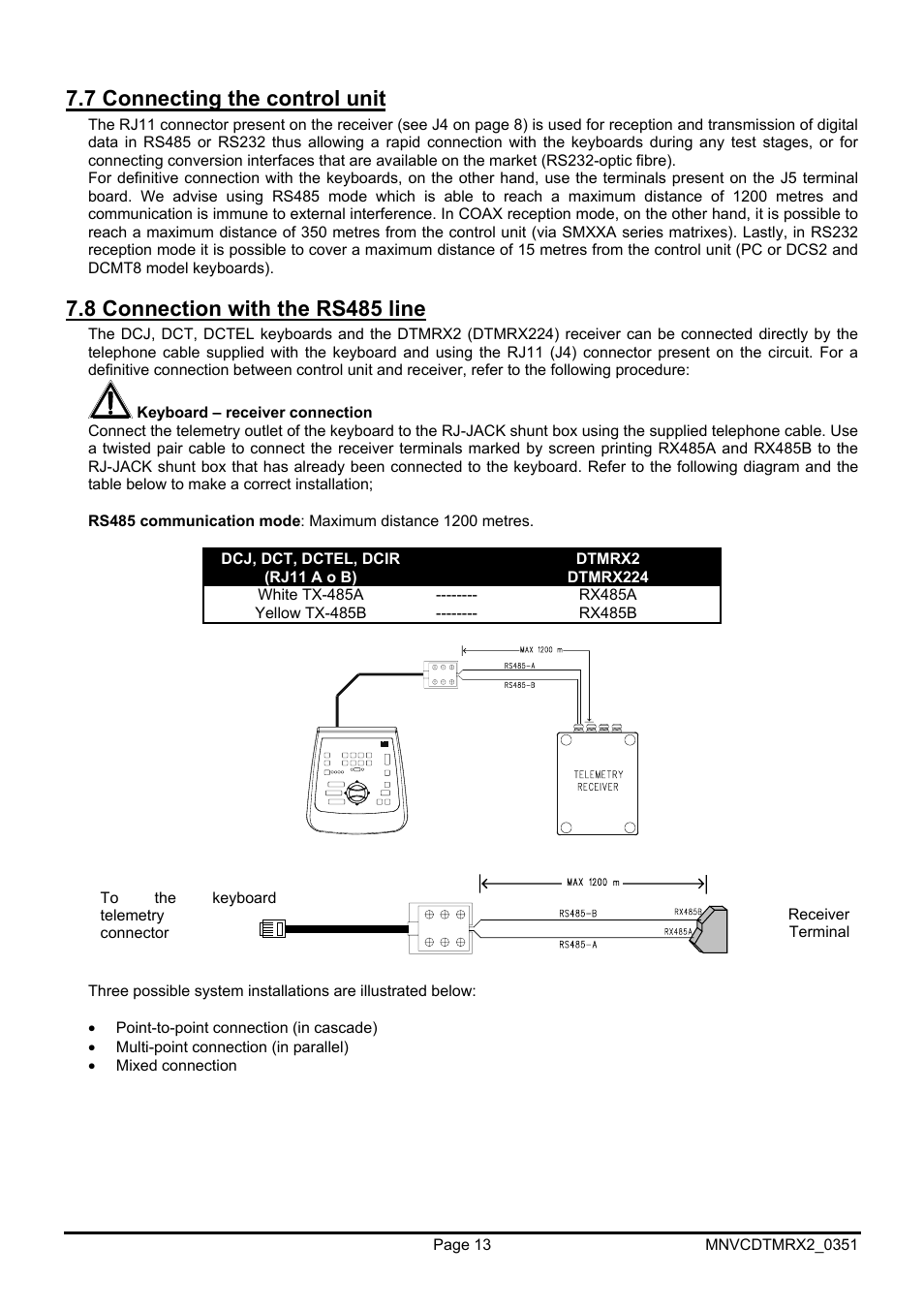 7 connecting the control unit, 8 connection with the rs485 line | Videotec DTMRX2 User Manual | Page 39 / 96