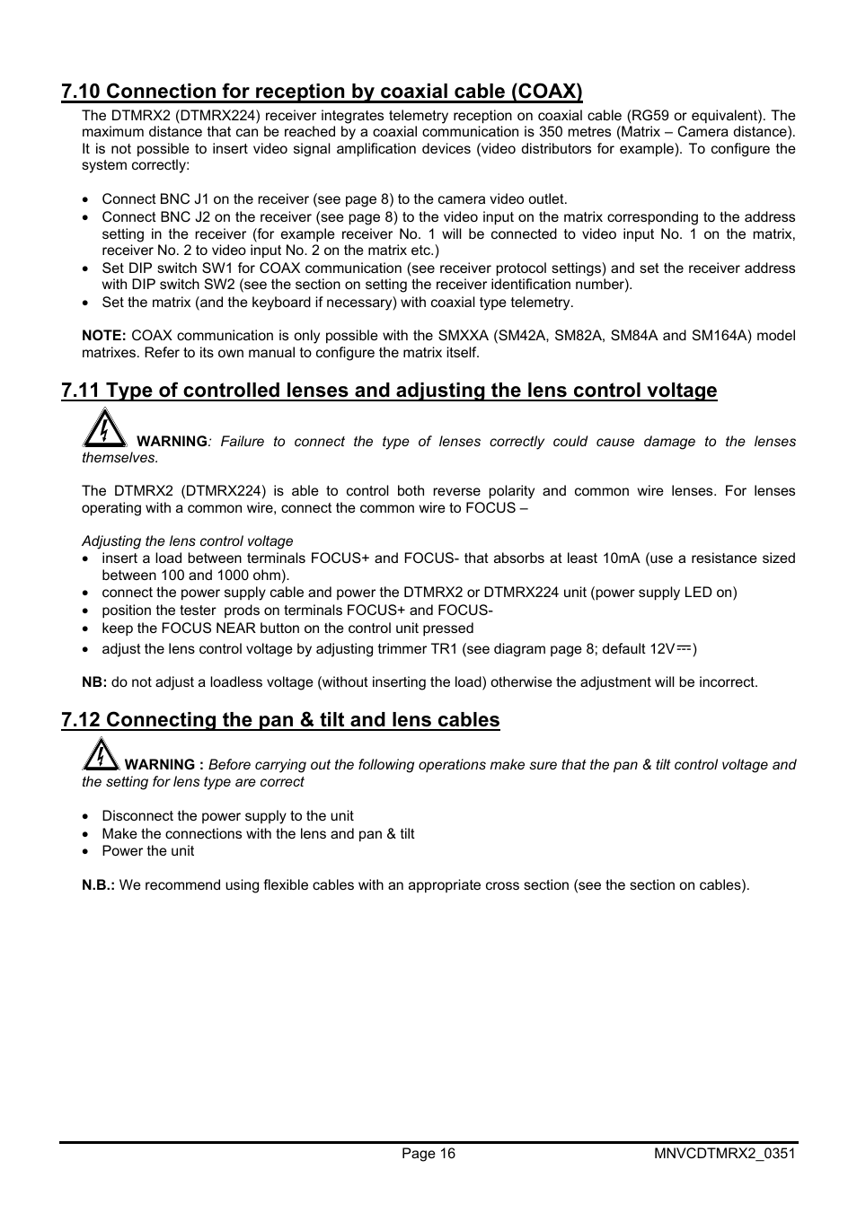 12 connecting the pan & tilt and lens cables | Videotec DTMRX2 User Manual | Page 42 / 96