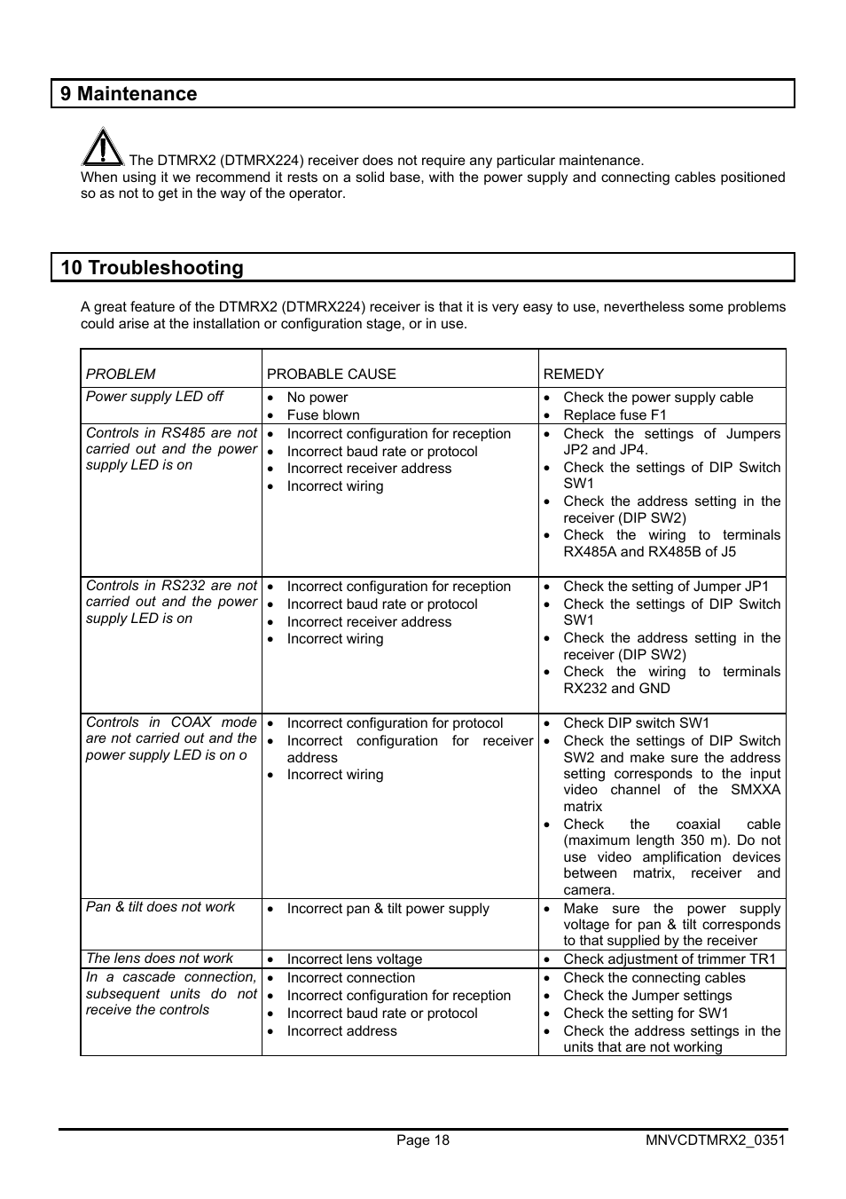 9 maintenance, 10 troubleshooting | Videotec DTMRX2 User Manual | Page 44 / 96
