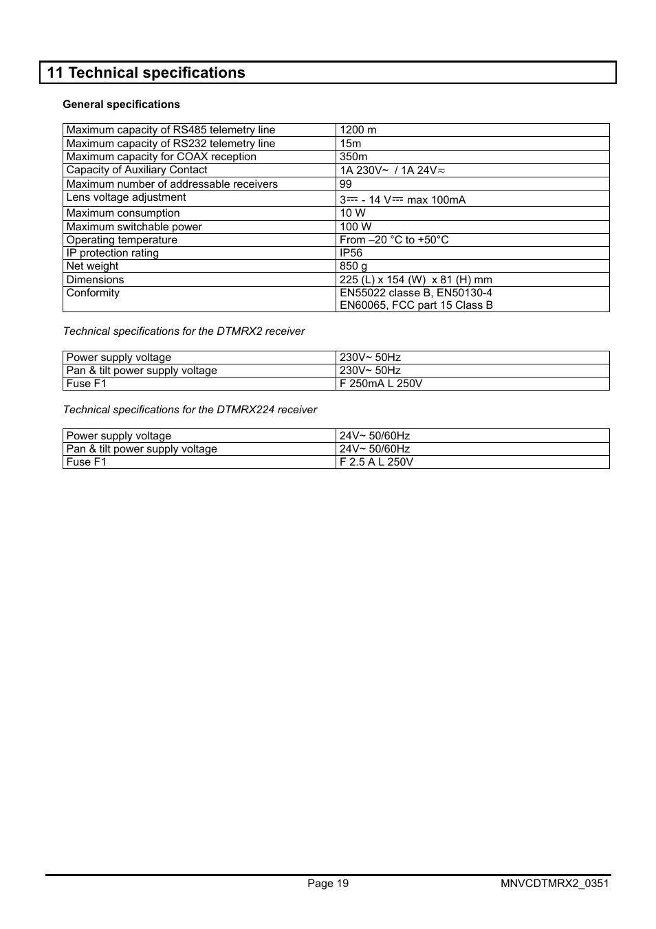 11 technical specifications | Videotec DTMRX2 User Manual | Page 45 / 96