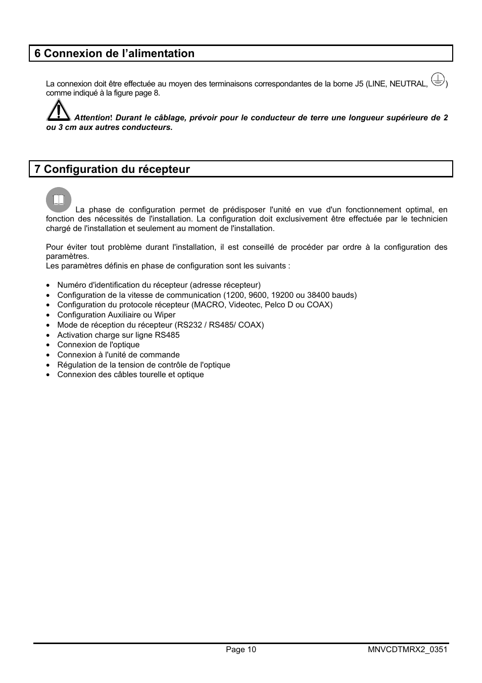 6 connexion de l’alimentation, 7 configuration du récepteur | Videotec DTMRX2 User Manual | Page 58 / 96