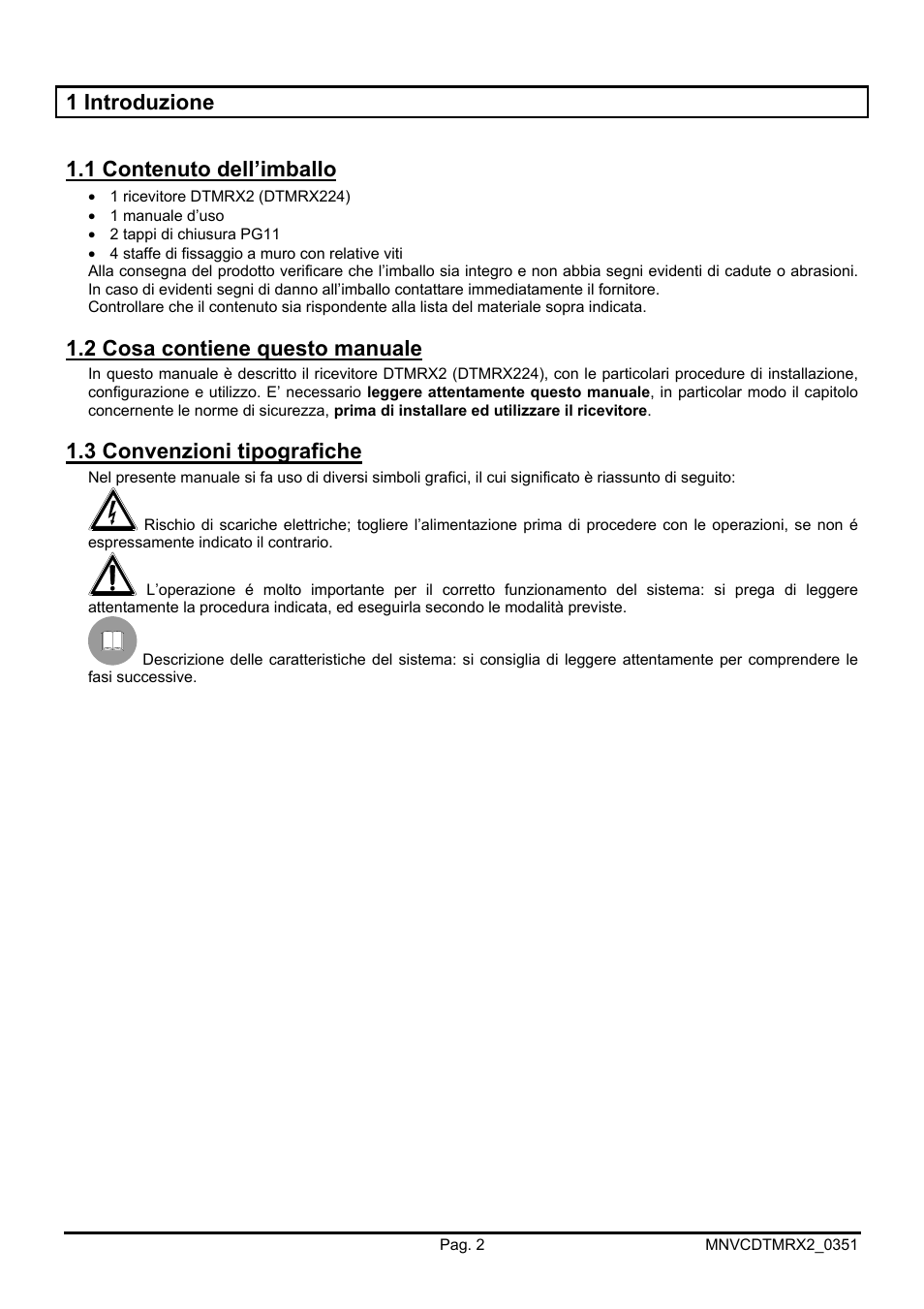 1 introduzione 1.1 contenuto dell’imballo, 2 cosa contiene questo manuale, 3 convenzioni tipografiche | Videotec DTMRX2 User Manual | Page 6 / 96