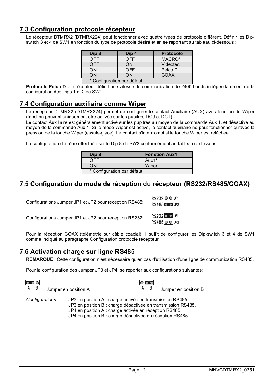 3 configuration protocole récepteur, 4 configuration auxiliaire comme wiper, 6 activation charge sur ligne rs485 | Videotec DTMRX2 User Manual | Page 60 / 96
