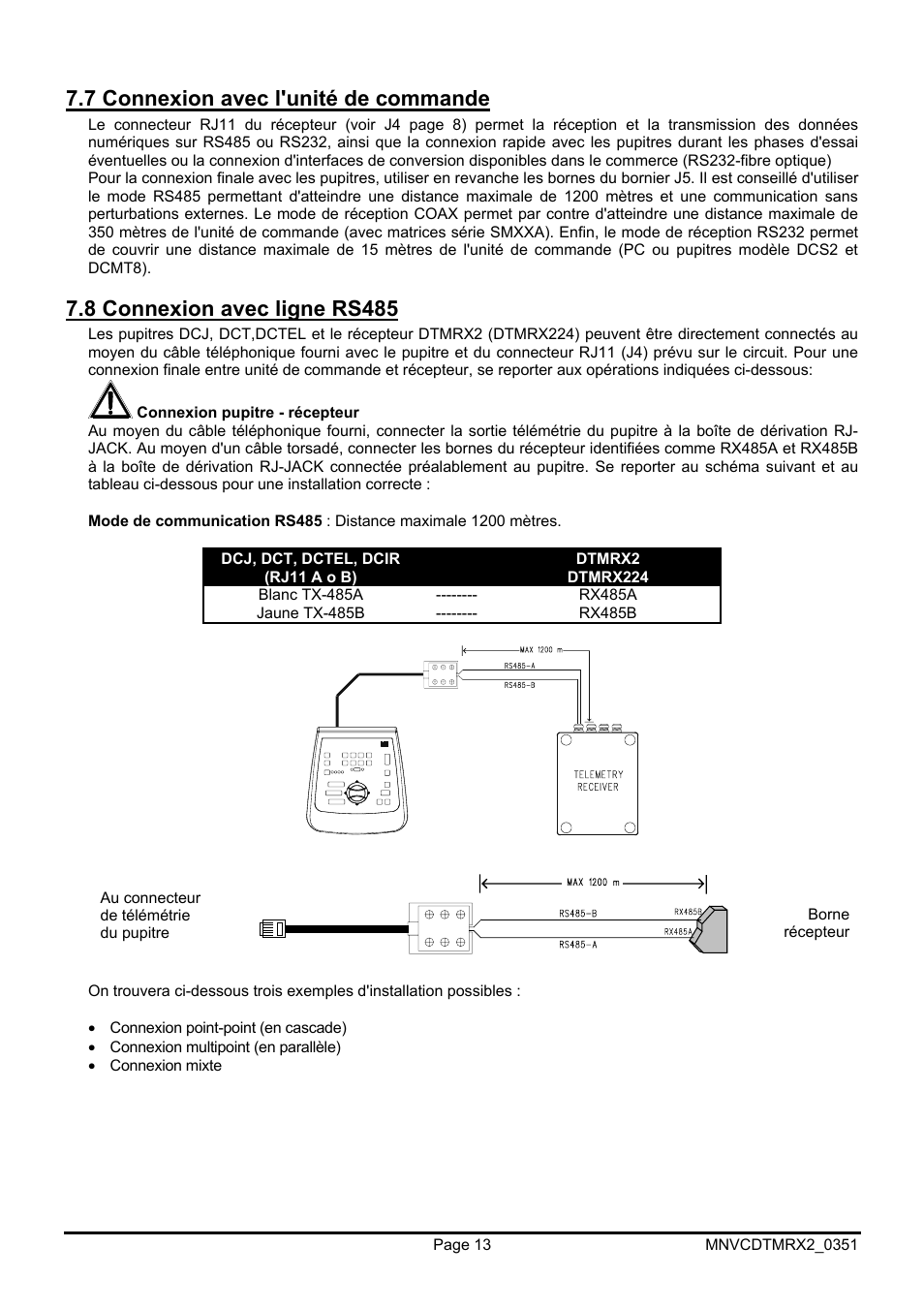 7 connexion avec l'unité de commande, 8 connexion avec ligne rs485 | Videotec DTMRX2 User Manual | Page 61 / 96