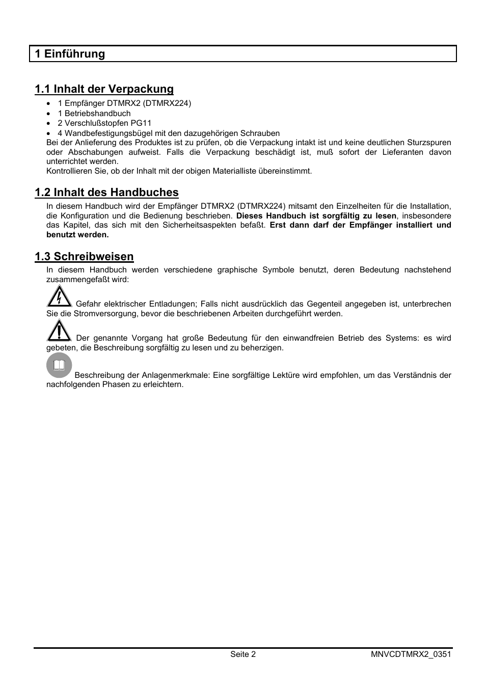 1 einführung 1.1 inhalt der verpackung, 2 inhalt des handbuches, 3 schreibweisen | Videotec DTMRX2 User Manual | Page 72 / 96