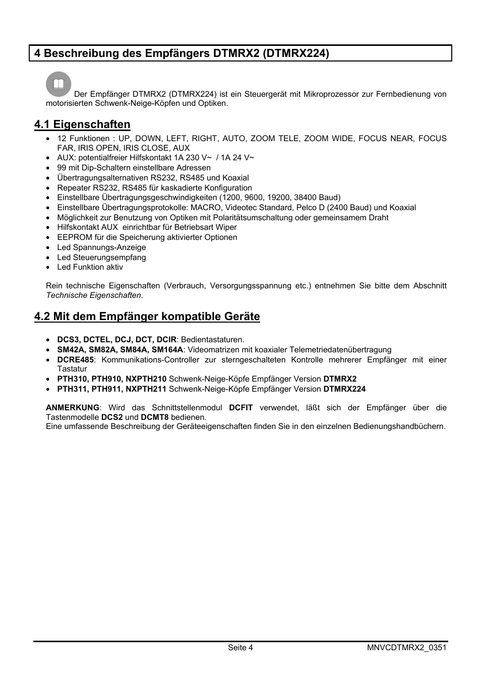 1 eigenschaften, 2 mit dem empfänger kompatible geräte | Videotec DTMRX2 User Manual | Page 74 / 96