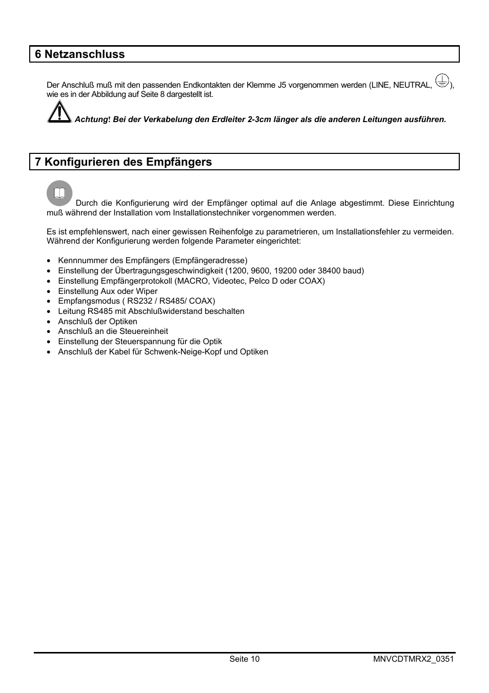 6 netzanschluss, 7 konfigurieren des empfängers | Videotec DTMRX2 User Manual | Page 80 / 96