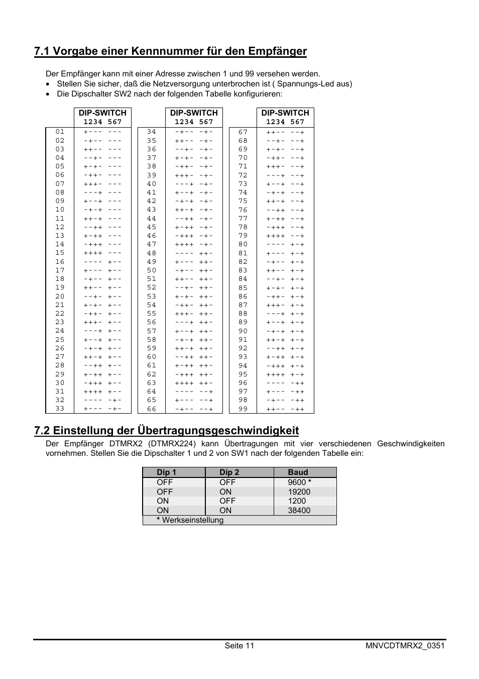 1 vorgabe einer kennnummer für den empfänger, 2 einstellung der übertragungsgeschwindigkeit | Videotec DTMRX2 User Manual | Page 81 / 96