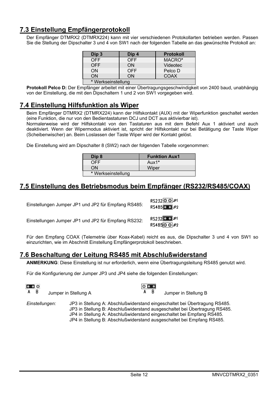 3 einstellung empfängerprotokoll, 4 einstellung hilfsfunktion als wiper | Videotec DTMRX2 User Manual | Page 82 / 96