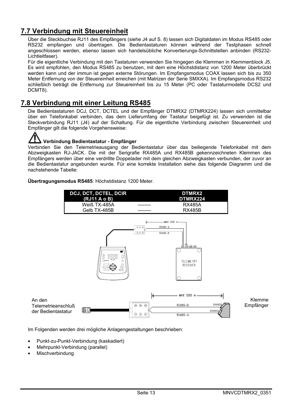 7 verbindung mit steuereinheit, 8 verbindung mit einer leitung rs485 | Videotec DTMRX2 User Manual | Page 83 / 96