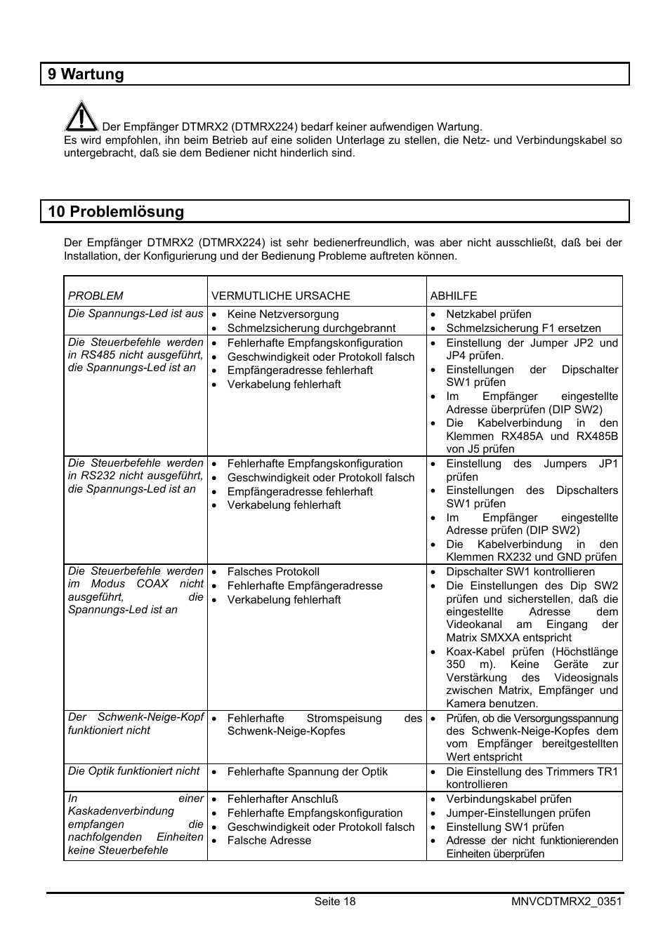 9 wartung, 10 problemlösung | Videotec DTMRX2 User Manual | Page 88 / 96